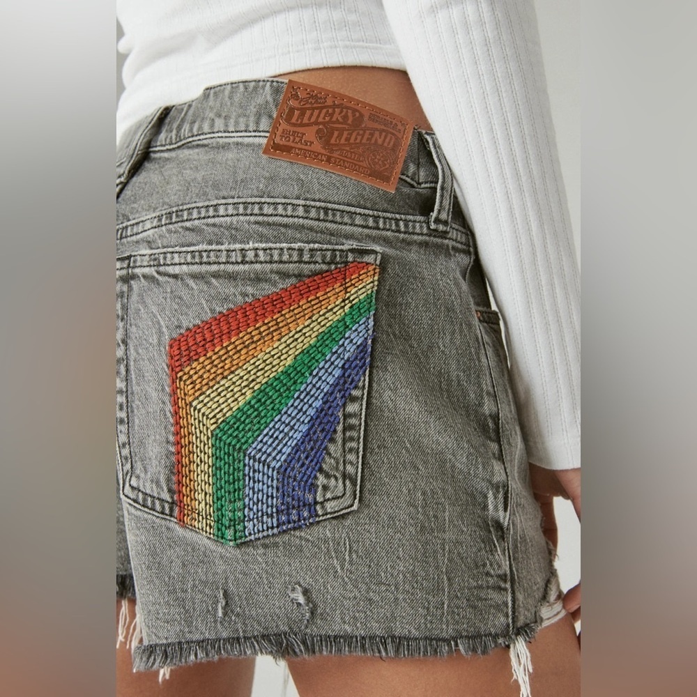 Lucky Legend Pink Floyd 3" Mid Rise Boy Short Rainbow embroidered grunge Size 0 - Picture 5 of 13